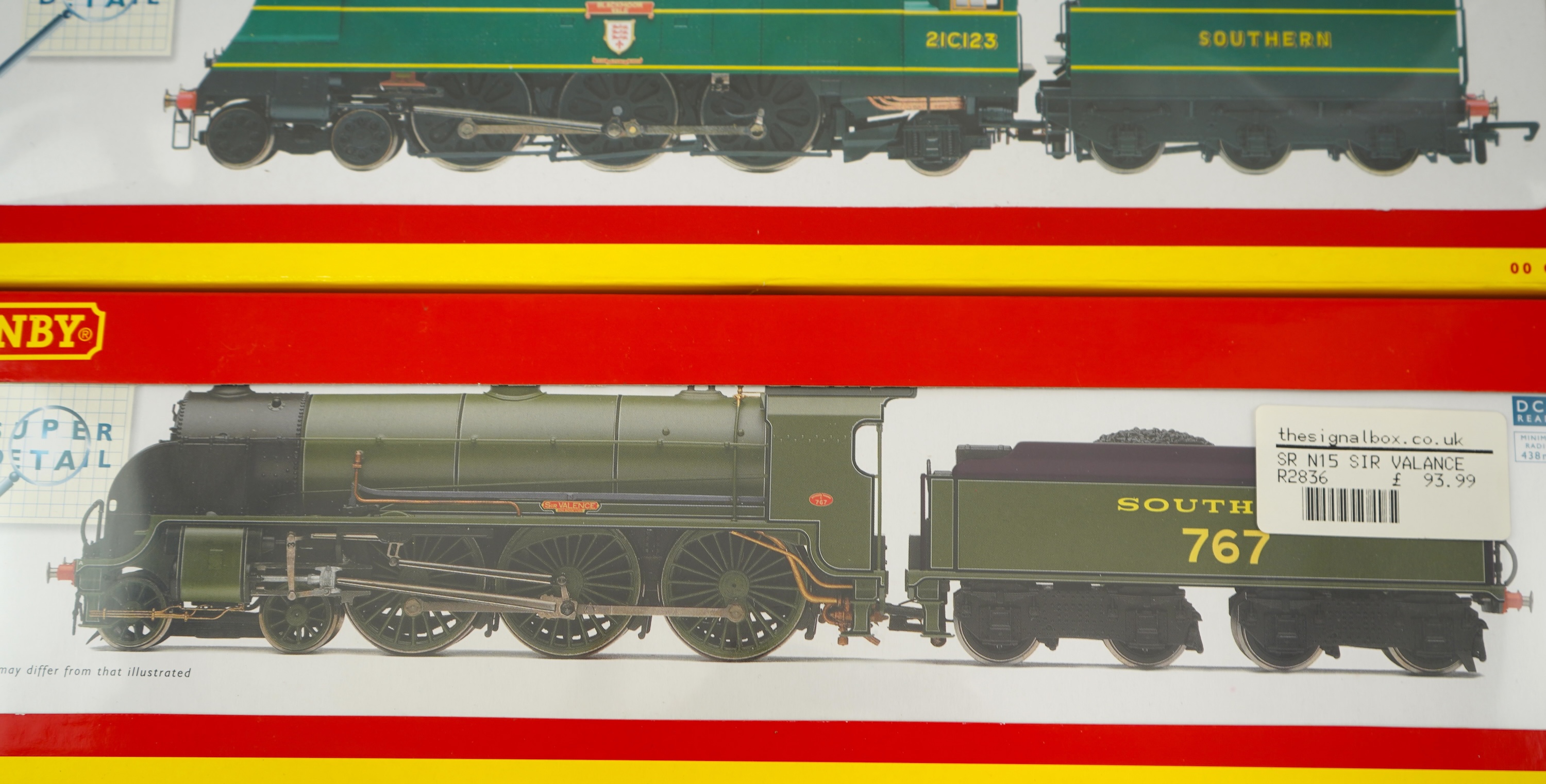 Two boxed Hornby Hobbies 00 gauge railway Southern Railway tender locomotives; a West Country Class, Blackmoor Vale 21C123, (R2219), together with a Class N15, Sir Valence 767, (R2836)